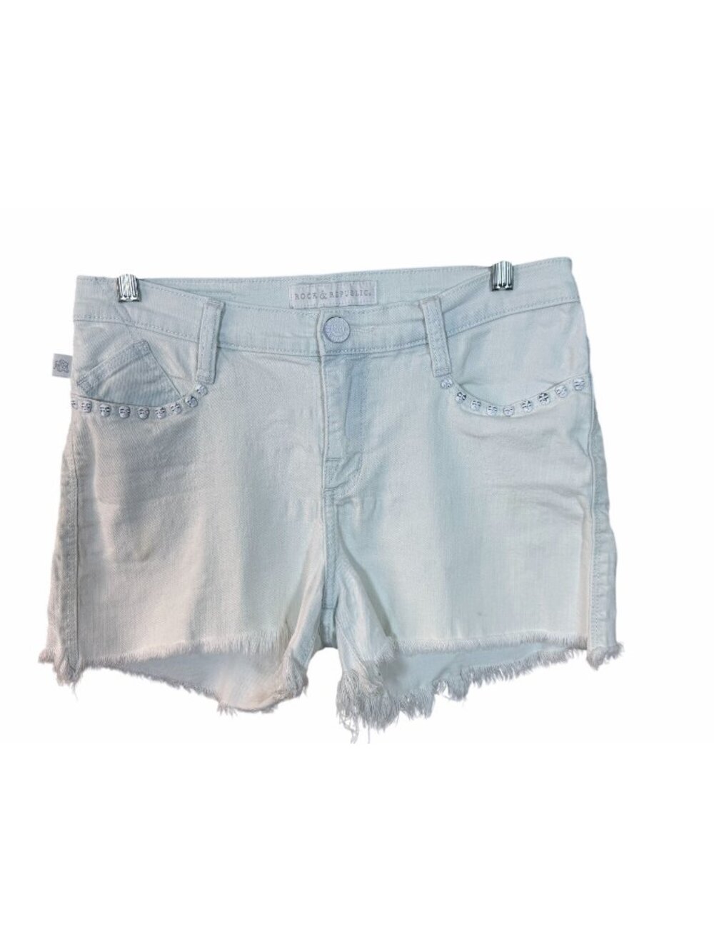 Rock & Republic White 5 Pkt Denim Shorts Skull Studs At Pockets Frayed Hem 8
